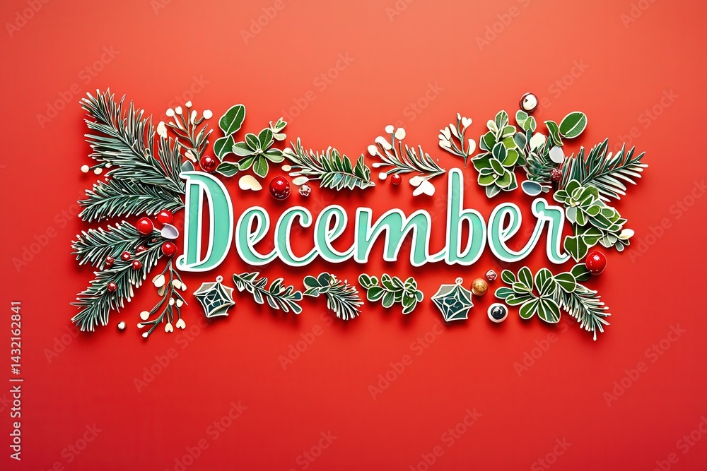 The vibrant banner spells out December, surrounded by detailed illustrations of festive foliage, including pine branches, holly, and red berries.