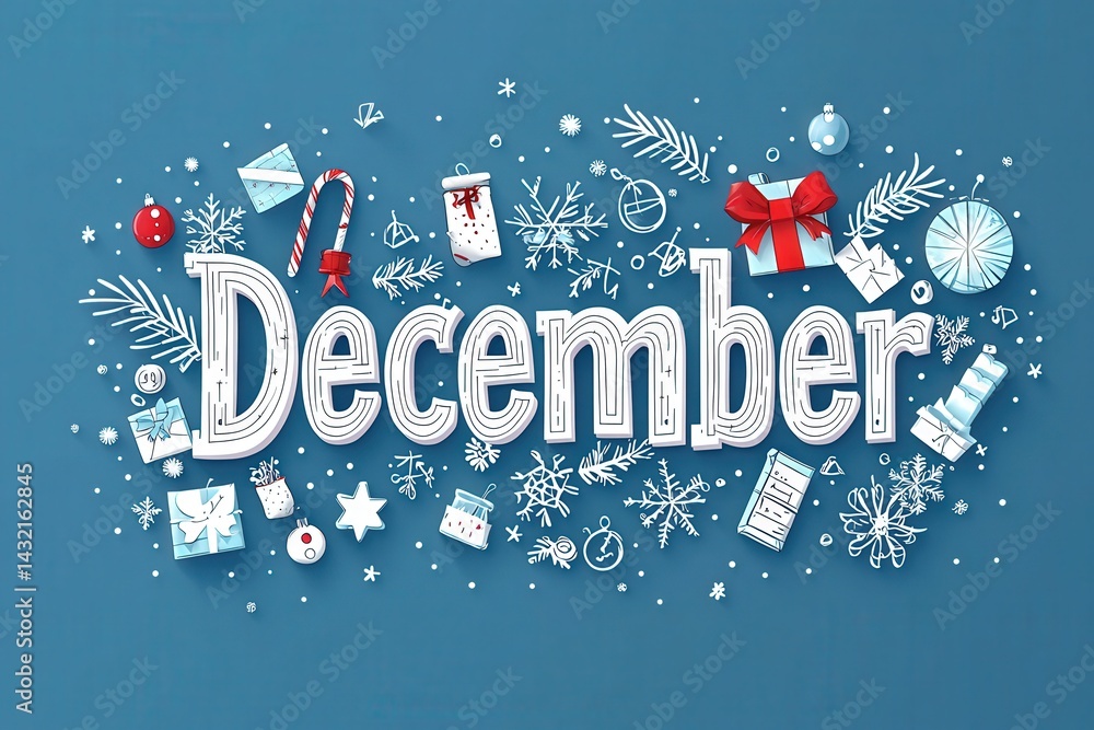 A vibrant display of December decorations showcases festive elements such as snowflakes, gifts, and ornaments against a blue background, capturing the spirit of winter celebrations.