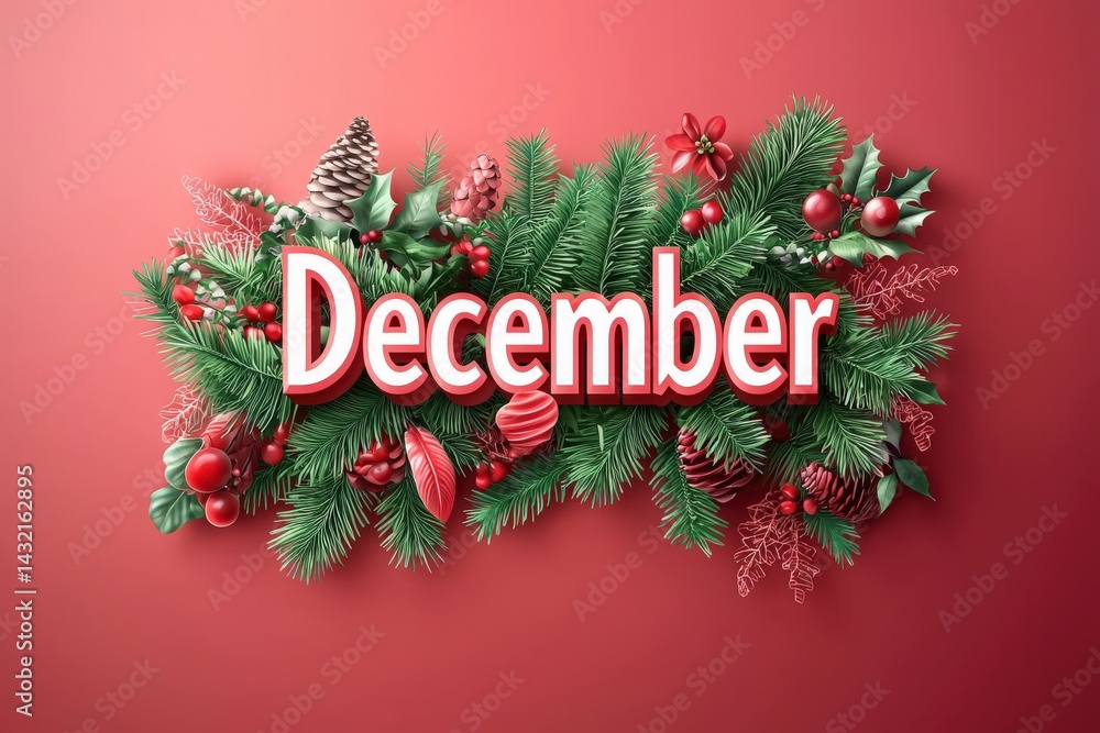 Bright red background displays the word December surrounded by festive greenery, ornaments, and berries. The arrangement gives a joyful and warm ambiance typical of the holiday season.