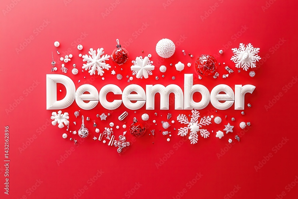Decorative elements including white snowflakes, ornaments, and stars surround the large word December, set against a bright red backdrop, capturing the festive spirit of the season.