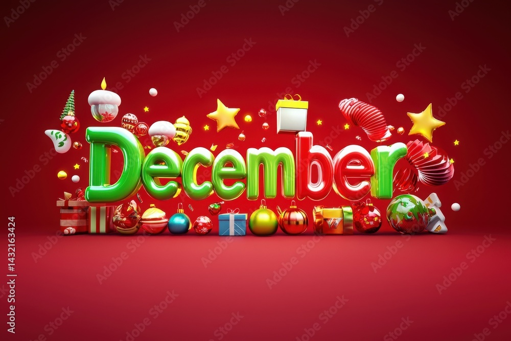 The vibrant display features the word December surrounded by holiday ornaments, gifts, and playful decorations against a bright red backdrop, evoking a joyful festive atmosphere.