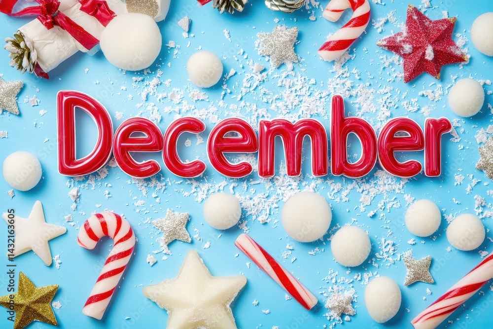 Colorful decorations are arranged on a bright blue background, featuring the word December in bold red. Various festive items like candy canes, stars, and snowballs add to the holiday spirit.