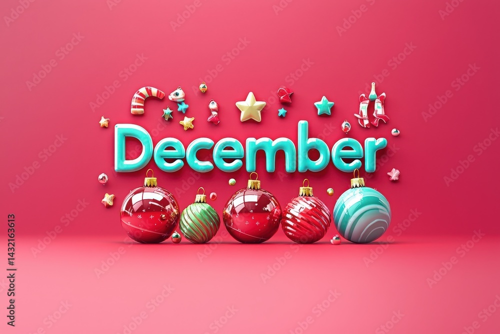 Festive decorations feature the word December in bold letters surrounded by colorful ornaments, candy canes, and stars. The cheerful arrangement creates a holiday spirit with bright colors.