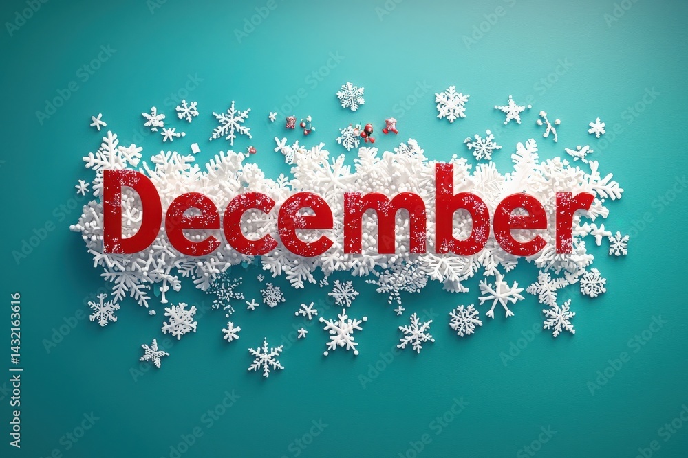 Large red text spelling December is surrounded by various white snowflakes against a bright turquoise background. The winter theme creates a cheerful atmosphere perfect for the holiday season.