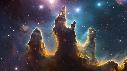 Wall Mural - Cosmic landscape features towering nebula pillars bright stars vast deep space. Cosmic Pillar. Illustration