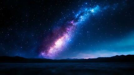 Vibrant night sky with colorful Milky Way galaxy stretching across dark mountain landscape, featuring dramatic blue and purple cosmic colors against starry space.