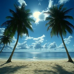 idyllic tropical beach scene with palm trees, bright sun, and clear blue ocean