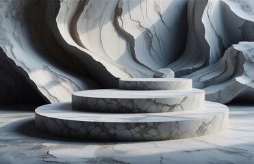 Wall Mural - abstract image of three circular, tiered marble podiums set against a backdrop of sculpted, veined m