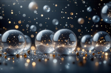 Wall Mural - transparent spheres scatter on a dark surface, illuminated by golden and silver bokeh. an elegant, a