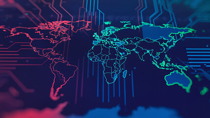 abstract world map with circuit-like lines in blue and red suggesting a global network or digital in