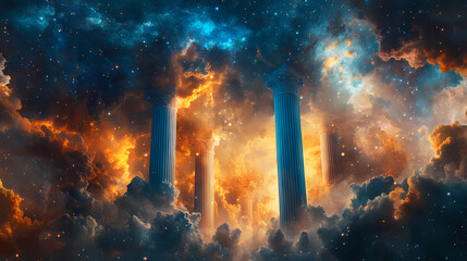 Wall Mural - Dreamlike scene depicting cosmic pillars in blue and orange tones set against a backdrop of starlight, ai generated. Cosmic Pillar. Illustration