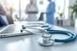 © Shahida - Closeup of Stethoscope and Laptop on White Desk with Doctors in Background