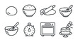 © Viacheslav - Baking and pastry outline icon set – linear style cooking, baking tools, and dessert preparation symbols: dough, mixing bowl, rolling pin, whisk, timer, oven, cake decorating.