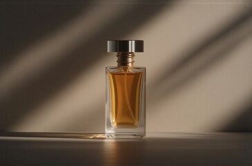 Fototapete - A rectangular amber perfume bottle with a silver cap sits on a neutral surface, bathed in dramatic light and shadow.  The elegant simplicity highlights the fragrance within.