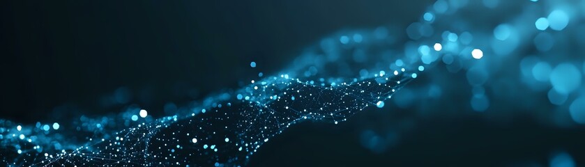 Abstract blue glowing particles wave with bokeh effect on dark background, digital network data visualization for technology and science concepts.