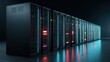 © AGI Studio - A row of modern server racks illuminated by colorful lights, showcasing advanced technology in a sleek, dark environment.