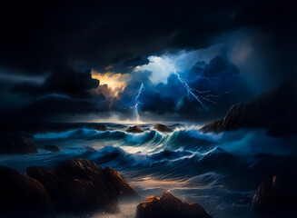Poster - A fierce storm rages over the dark sea at night. Jagged lightning bolts illuminate the crashing waves against the rocky shore under a sky filled with ominous clouds.