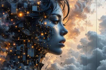 Fototapete - A portrait merges human features with technological elements against a cloudy sky. Hints of digital structures intertwine with the woman's profile as if from a parallel universe. The composition is dr