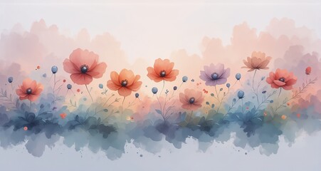 Fototapete - A watercolor-style scene featuring soft-hued flowers with dark centers, set against a gentle, ethereal background. Small, blue buds scatter around the blooms. The colors create a dreamy spring feeling