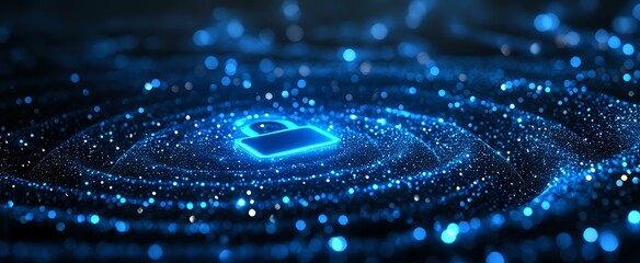 Glowing blue digital processor chip surrounded by luminous particle waves and bokeh effects on dark background, futuristic technology concept.