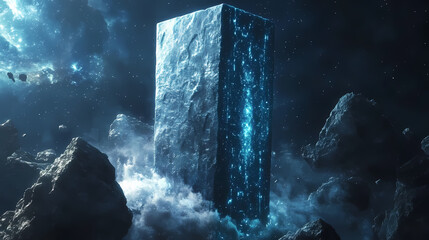 Wall Mural - Illustrate an ancient monolith in space emitting mysterious energy glowing celestial runes adorn its surface sci-fi, cg captivating and extraordinary. Graviton Monolith. Illustration