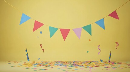 Poster - Colorful party bunting and confetti on yellow background.