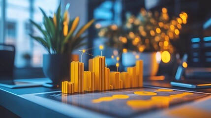 Aufkleber - Yellow 3D bar chart on desk with blurred background of plants and lights.