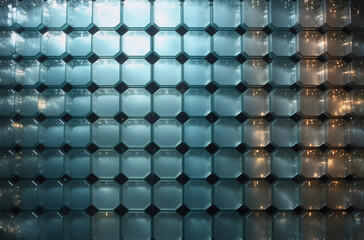 Wall Mural - abstract grid with blue to orange gradient, geometric shapes, and light reflections creating a moder
