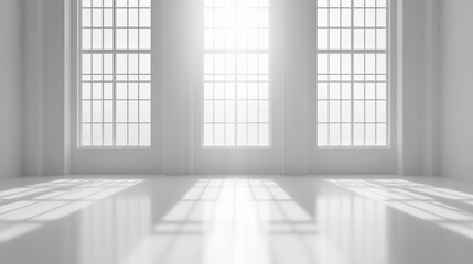 Poster - Bright sunlight streams through three large windows in a minimalist white room, casting shadows on the polished floor.