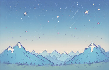 Wall Mural - here's a description and keywords: an animated night scene shows mountains under a starry, gradient 