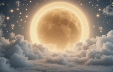 a luminous moon dominates a night sky filled with soft clouds and twinkling stars. question marks fl