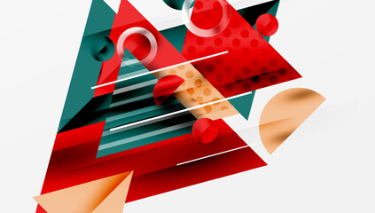 Leinwandbilder - Abstract geometric composition. Overlapping shapes, lines, circles create dynamic visual effect. Red, teal, beige dominate palette.