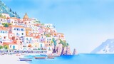 Wholesome watercolor illustration of Positano, Italy, vibrant coastal town cascading down cliffs, boats in the bay, minimalist background, clean and serene atmosphere