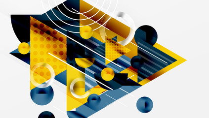 Leinwandbilder - Abstract geometric composition. Overlapping shapes, lines create dynamic visual effect. Yellow, navy dominate palette. Modern design.