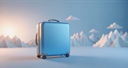 Aufkleber - A light blue suitcase stands on a minimalist landscape, ready for adventure.  Paper mountains and clouds form a serene backdrop, hinting at a journey to a pristine location.
