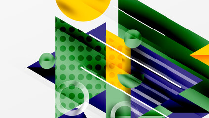Leinwandbilder - Abstract geometric composition. Overlapping shapes, lines, circles create dynamic visual effect. Bright colors dominate design.