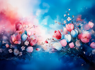 Fototapete - An abstract watercolor floral scene in pink, white, and blue hues depicts a whimsical blooming garden with a dreamy and airy atmosphere. Light and shadows create a soft, artistic feel.