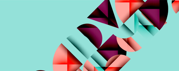 Leinwandbilder - Abstract geometric shapes, vibrant colors, teal background. Composition features overlapping triangles, curves, gradients. Modern design elements present.