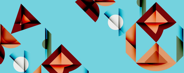 Leinwandbilder - Abstract geometric shapes float over light blue background. Red, orange, white elements create dynamic composition. Minimalist design.