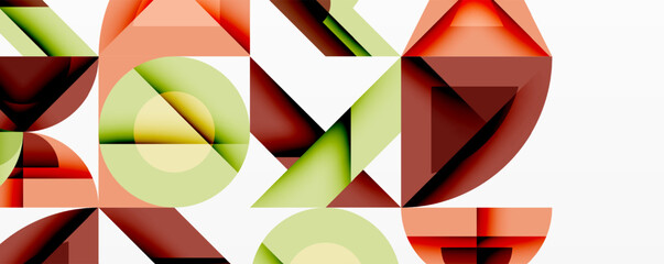 Leinwandbilder - Abstract geometric composition. Shapes overlap, creating dynamic visual effect. Colors include red, green, orange hues. Minimalist design.