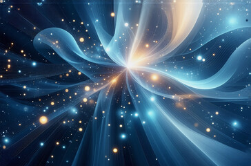 Wall Mural - abstract image features blue and golden light rays radiating from a bright center, with sparkling do