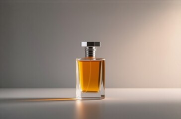 Fototapete - A rectangular amber perfume bottle with a silver cap sits on a minimalist grey surface, illuminated by soft light, casting a subtle shadow.  The image evokes luxury and sophistication.