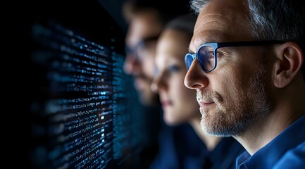 Software developers analyzing code on digital screens in dark office environment, focused on programming data and cybersecurity solutions.
