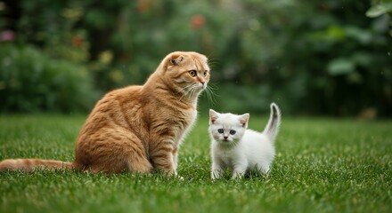 Wall Mural - observe adorable scottish fold cat comfortably sitting lush green garden while curious white kitten 