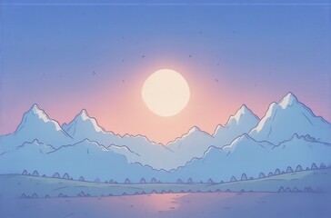 Aufkleber - Serene landscape avatar: pastel sunset over snow-capped mountains, minimalist style.  Tranquil, peaceful scene.