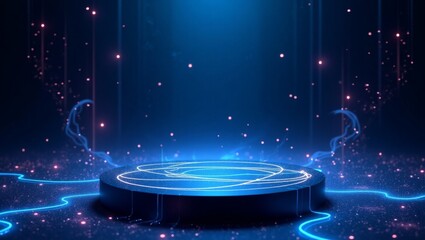 Wall Mural - futuristic podium scene with glowing neon elements and particle effects