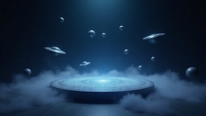 Wall Mural - a surrealistic scene of futuristic saucers, spheres, and a cosmic stage in space