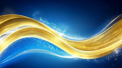 Wall Mural - elegant golden ribbon wave flowing on a deep blue gradient background, accented with glittering part