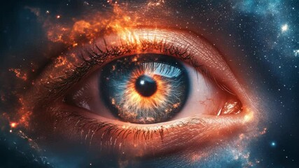 Wall Mural - Close-up of a human eye reflecting cosmic nebula and stars, showcasing a surreal, celestial and imaginative concept
