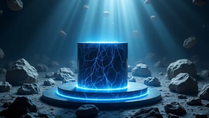Wall Mural - mysterious illuminated structure on a podium in a desolate rocky expanse